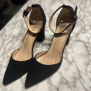Forever | Songful Black Vegan Suede Glam Pointed Toe Block Heels